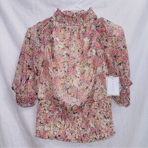 1. State NWT Short Sleeve Floral Print High Neck Smocked Blouse size medium